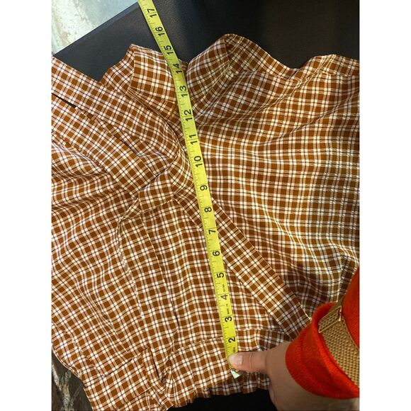 LOTTIE MOSS • Burnt Orange Brown/White Plaid High Waist Belted Paper Bag Shorts - Picture 11 of 11
